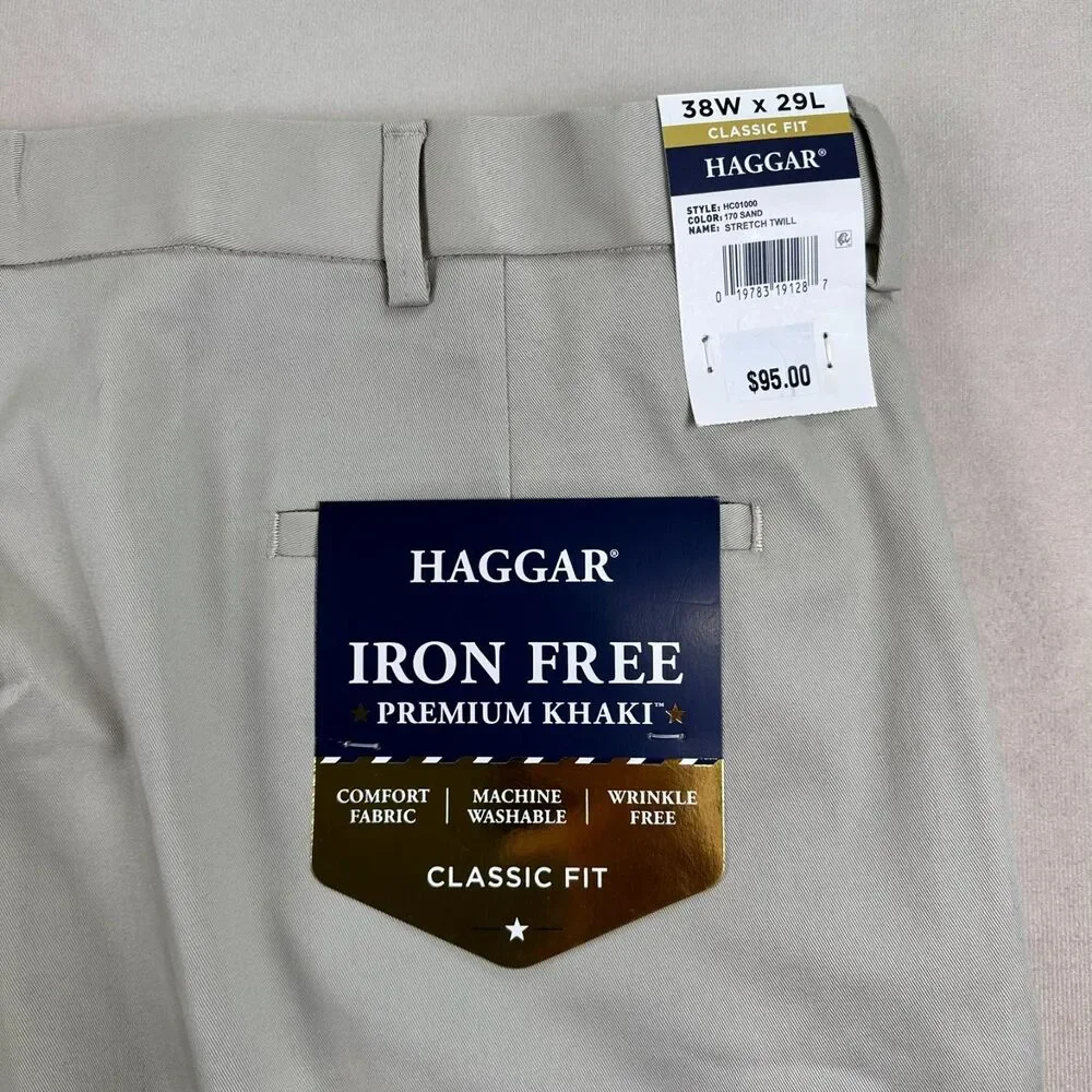 Haggar Mens 38x29 Iron Free Premium Khaki Pants Classic Fit Stretch NWT Sand